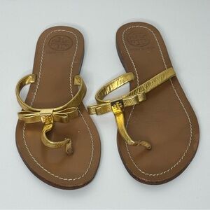 Tory Burch Leighanne Thong-Patent Saffiano with Metallic Straps Sandals Size 8.5